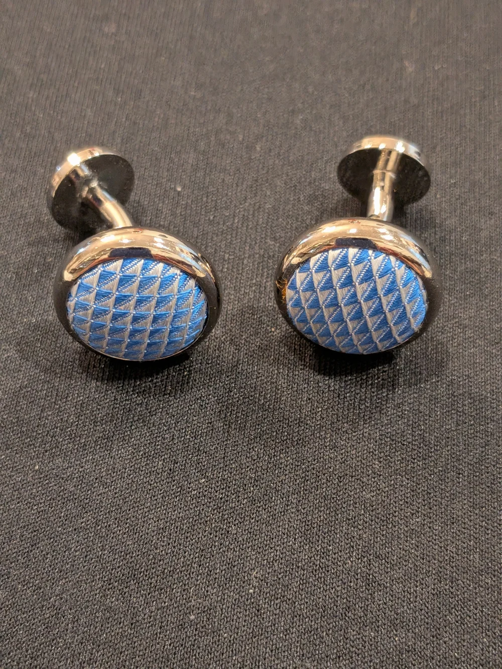 Men's Light Blue Patterned Round Cufflinks - Silver Tone